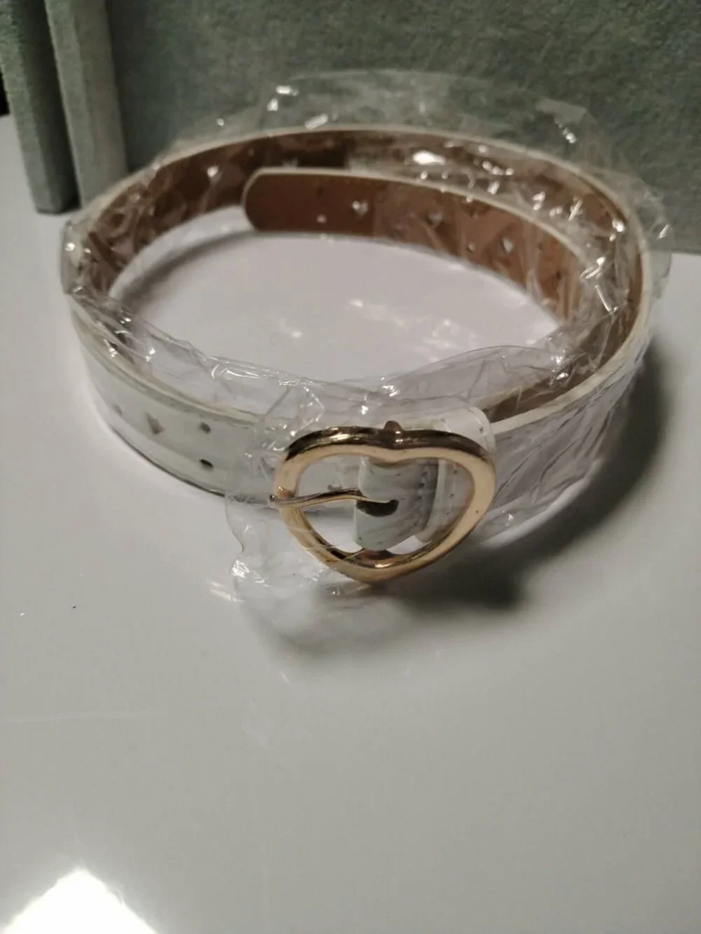 Girls White Belt Gold Heart Buckle